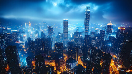 Obraz premium A panoramic view of a modern city skyline at night, with tall skyscrapers illuminated by bright lights. The sky is filled with dramatic clouds.
