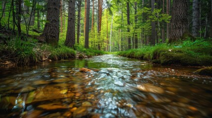 Fototapeta premium An image of a clear stream in a forest, symbolizing the natural source of clean drinking water and its environmental importance.
