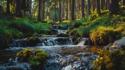 An image of a clear stream in a forest, symbolizing the natural source of clean drinking water and its environmental importance.