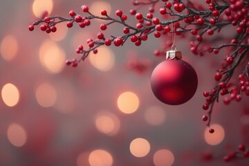 Red Christmas ornament hanging on a branch with bokeh lights