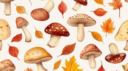 A seamless pattern featuring autumn-style colors with vibrant mushrooms and leaves in a beautiful watercolor style. This design captures the essence of fall, showcasing warm hues and organic shapes, 