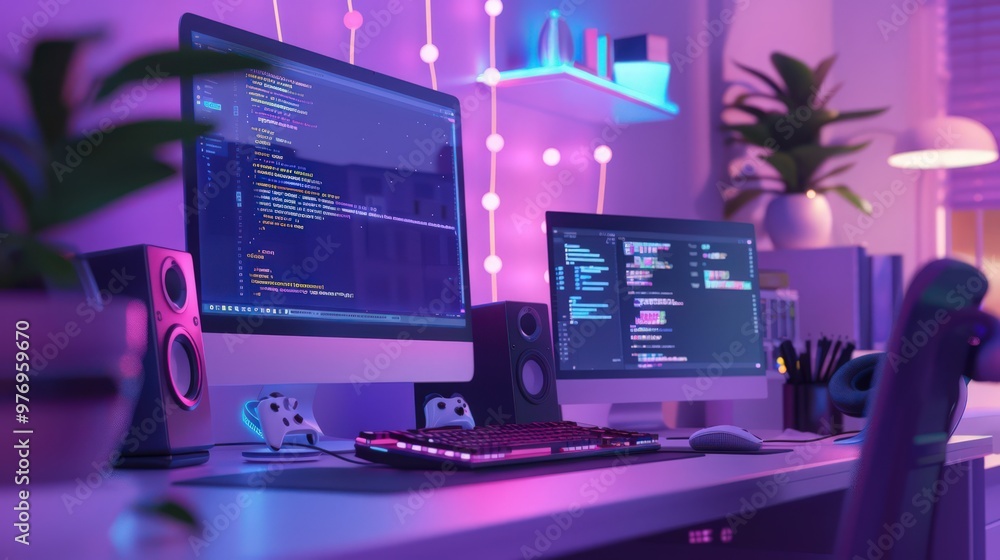Fototapete An image of a programming environment with an IDE, terminal window, and project files open, showcasing a developer's workflow.