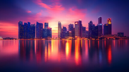 Fototapeta premium A panoramic view of a modern city skyline at sunset with colorful reflections in the water.