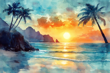 Illustrate a picturesque vacation scene with watercolor magic Palm trees
