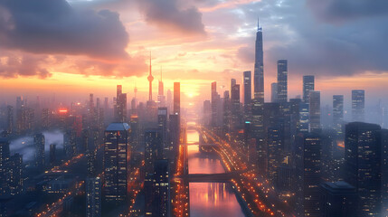 Fototapeta premium A panoramic view of a modern city skyline at sunset, with tall buildings, a river running through the center, and a hazy atmosphere.