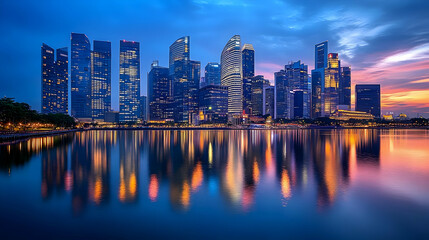 Fototapeta premium A panoramic view of a modern city skyline at sunset, with tall skyscrapers reflected in the calm water of a bay or river.
