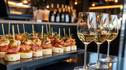 Fototapeta premium Appetizers White Wine Glasses Restaurant Table