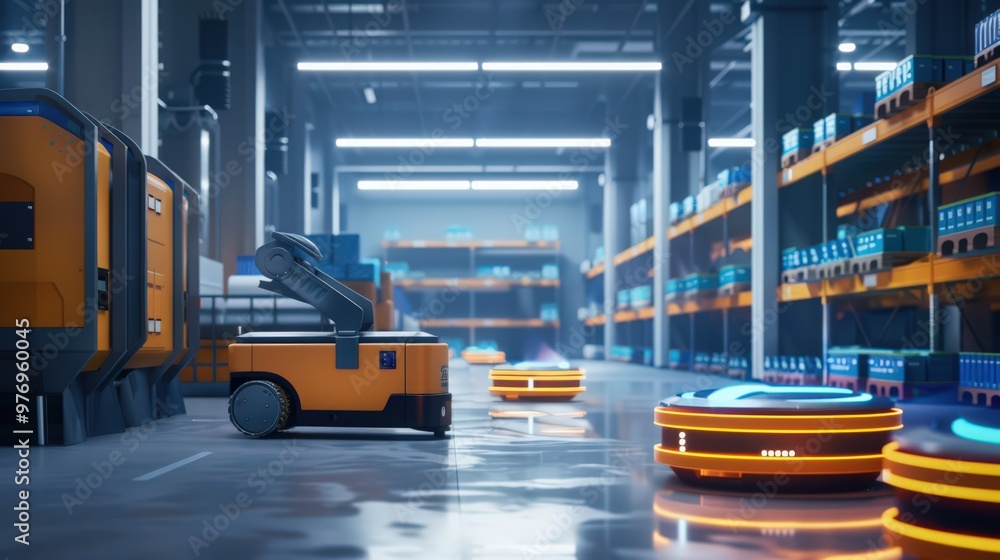Poster an image of a warehouse with advanced robotic systems handling and sorting products, showcasing the 