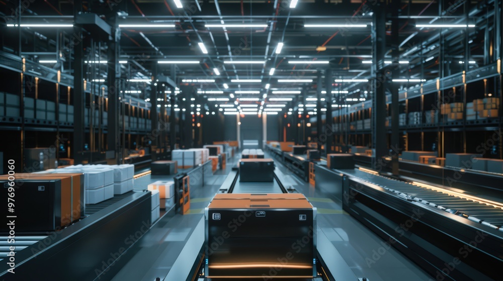 Poster an image of a warehouse with advanced robotic systems handling and sorting products, showcasing the 