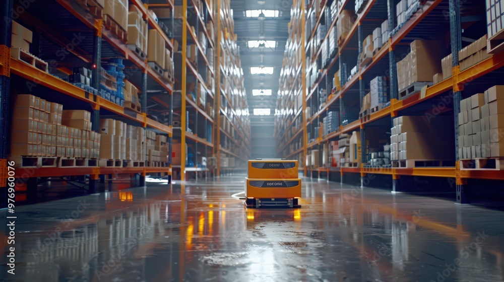 Poster an image of a warehouse with advanced robotic systems handling and sorting products, showcasing the 
