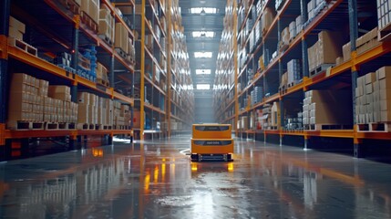 An image of a warehouse with advanced robotic systems handling and sorting products, showcasing the future of automated warehousing