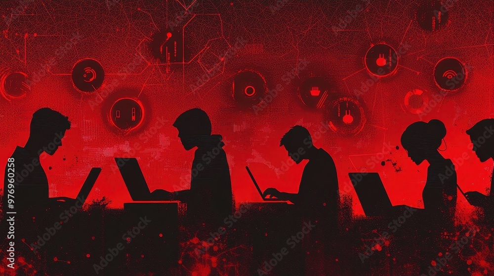 Aufkleber hacker silhouettes working on laptops in red digital background
