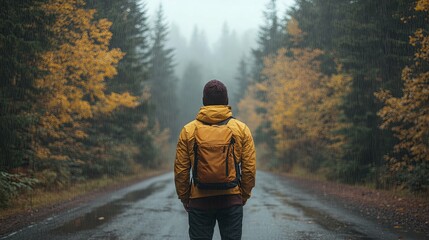A lone hiker stands on a rainy forest road.