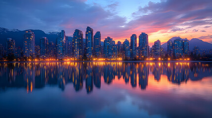 Obraz premium A panoramic view of a modern city skyline with skyscrapers reflecting in a calm lake at sunset.