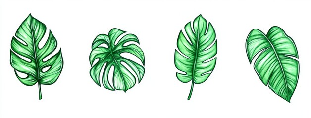 Isolated set of exotic tropical leaves in watercolor.