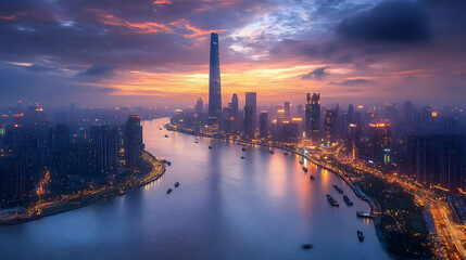 Naklejka premium A panoramic view of a modern city skyline with skyscrapers, a river, and a colorful sunrise.