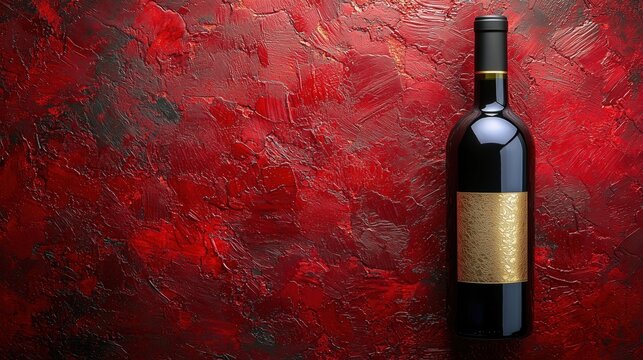A classic red wine bottle elegantly displayed against a textured red background, perfect for wine lovers and gourmet themes.