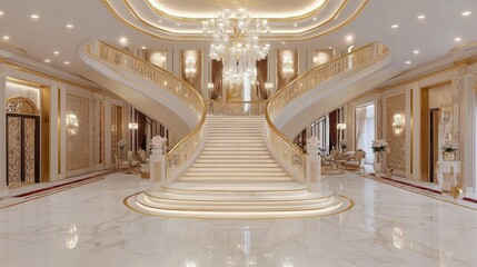 Obraz premium Luxurious Interior Design with White Marble Stairs and Golden Accents