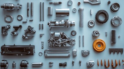 Metallic Parts Arrangement on a Blue Background