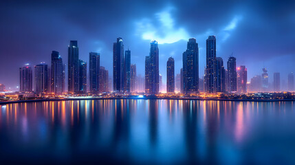 Obraz premium A panoramic view of a modern cityscape at dusk, with tall skyscrapers reflected in the still water of a bay.