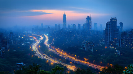Fototapeta premium A panoramic view of a modern cityscape at dusk, featuring a highway with glowing traffic lights and towering skyscrapers against a hazy sky.