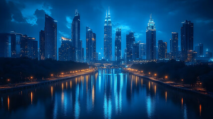 Obraz premium A panoramic view of a modern cityscape at night with skyscrapers and a river reflecting the city lights.