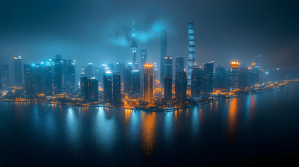 Obraz premium A panoramic view of a modern cityscape at night with skyscrapers illuminated by colorful lights, reflecting in the water, with fog covering the upper half of the image.