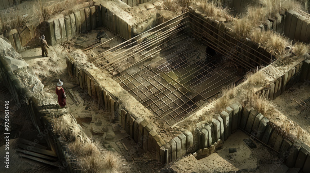 Poster artistic representation of an excavation grid system, highlighting the methodical approach to uncove