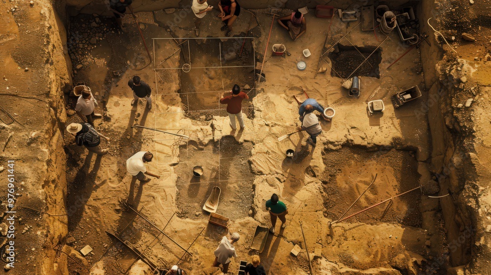 Poster artistic representation of an excavation grid system, highlighting the methodical approach to uncove