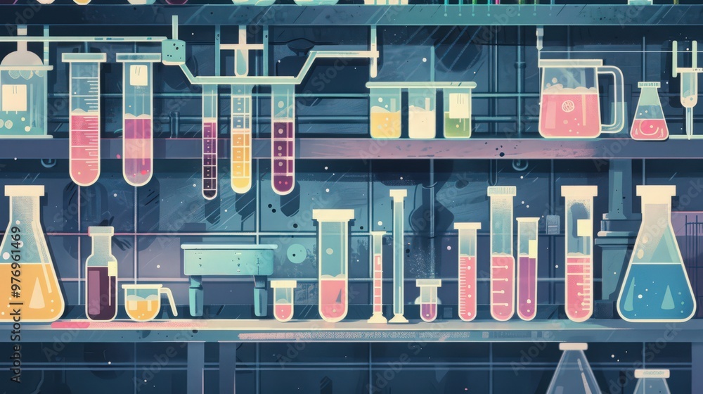 Poster artistic representation of an experiment setup, including test tubes, equipment, and variables, demo