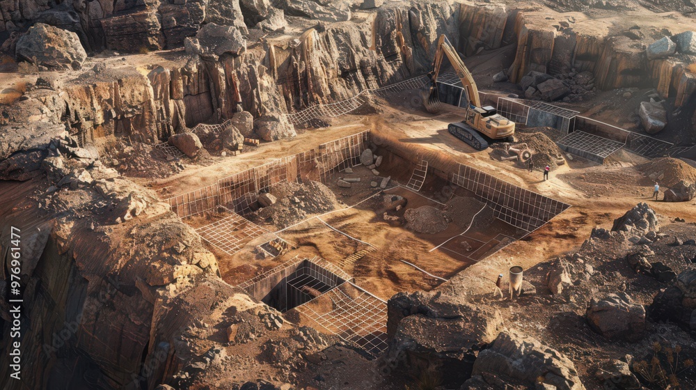 Poster artistic representation of an excavation grid system, highlighting the methodical approach to uncove