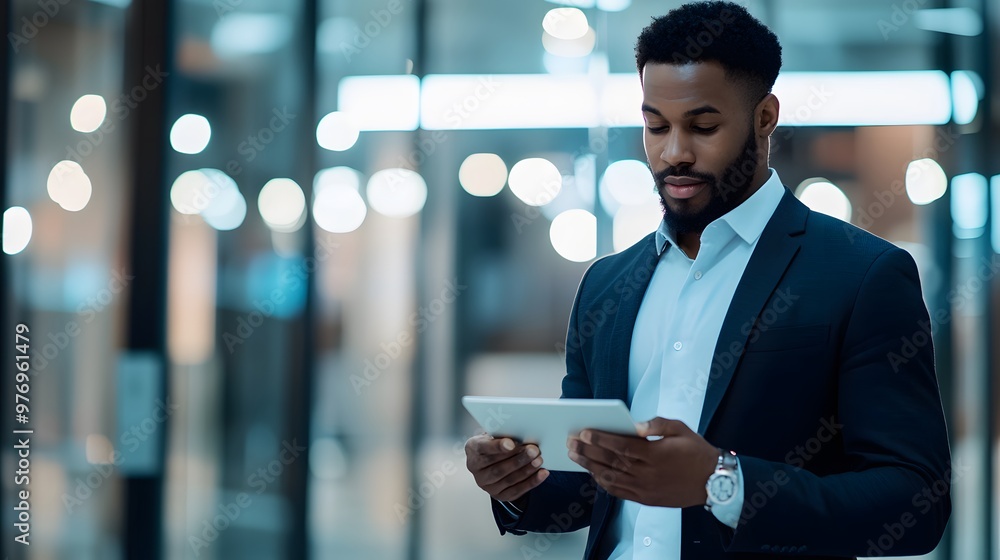 Poster businessman using a tablet device in an office setting