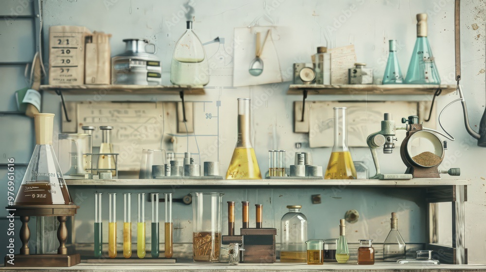 Poster artistic representation of an experiment setup, including test tubes, equipment, and variables, demo