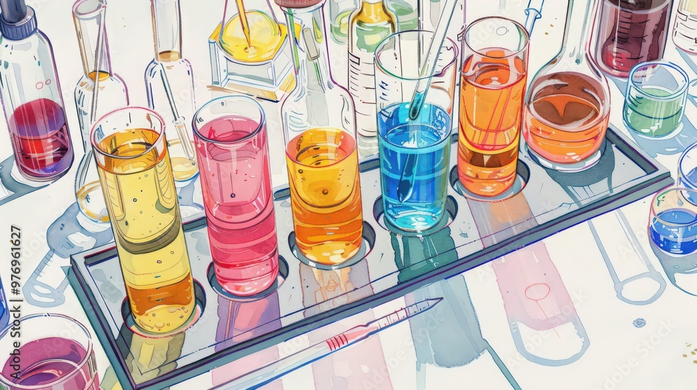 Poster artistic representation of an experiment setup, including test tubes, equipment, and variables, demo