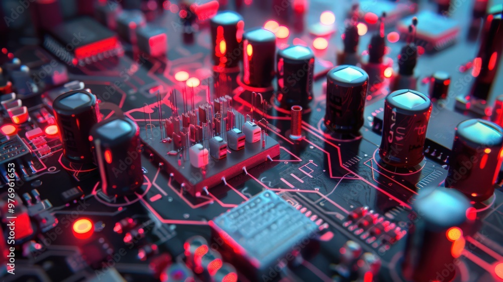 Poster artistic representation of an op-amp (operational amplifier) circuit, including feedback loops and t