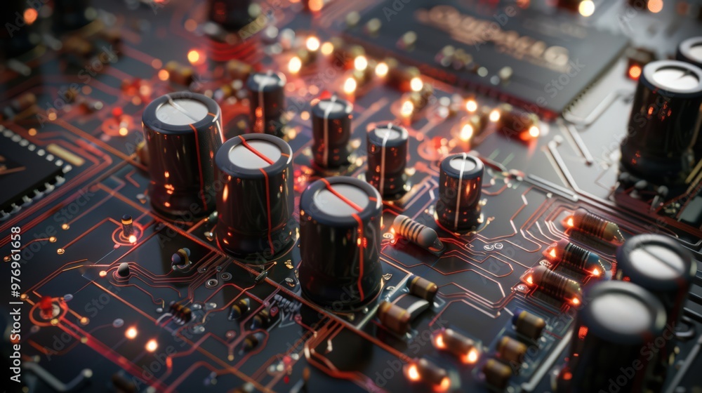 Poster artistic representation of an op-amp (operational amplifier) circuit, including feedback loops and t