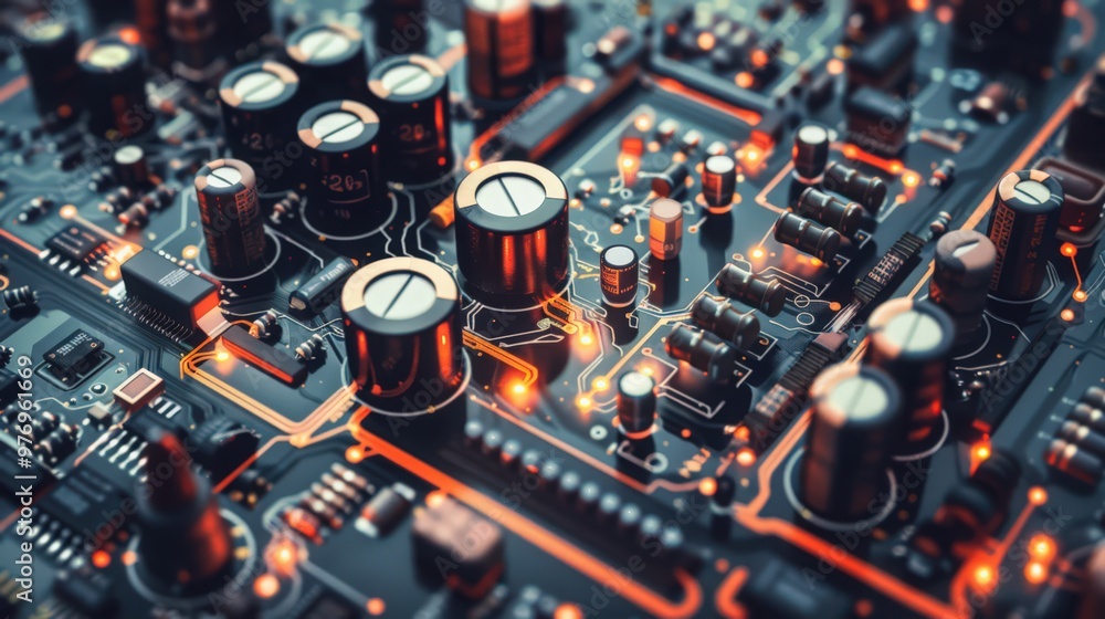 Poster artistic representation of an op-amp (operational amplifier) circuit, including feedback loops and t