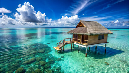 Secluded overwater bungalow in turquoise sea, secluded, overwater, bungalow, turquoise, sea, tropical, paradise