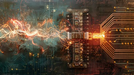 Obraz premium Artistic representation of an RC (resistor-capacitor) circuit, depicting the charging and discharging behavior of the capacitor over time