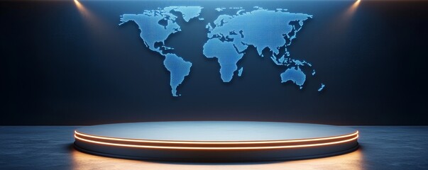 Futuristic news studio with a glowing world map backdrop, circular stage platform, blue neon lighting, high-tech broadcast environment, global news concept