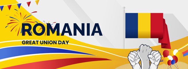 Romania Great Union Day background with abstract shapes in flag colors, blue, yellow and red. Modern style design for Romanian national day greeting card, horizontal poster, and header for website