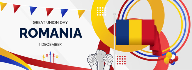 Romania Great Union Day background with abstract shapes in flag colors, blue, yellow and red. Modern style design for Romanian national day greeting card, horizontal poster, and header for website