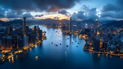 Fototapeta premium A panoramic view of Hong Kong's skyline at dusk, with skyscrapers illuminated by the setting sun and boats navigating the harbor.
