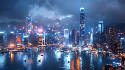 Fototapeta premium A panoramic view of Hong Kong's skyline at night with illuminated skyscrapers, a harbor with boats, and reflections on the water.