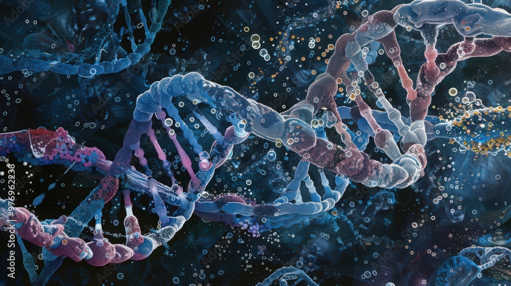 Poster artistic representation of dna mutations, showing how changes in base pairs can affect the double he