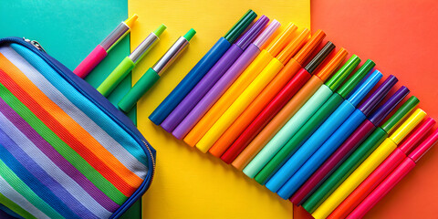 Colorful pencil cases and markers on a vibrant background , school supplies, vibrant, colorful, pencil cases