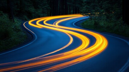 Winding Night Path - Trails of Light on Serene Forest Drive Travel, Background, Wallpaper