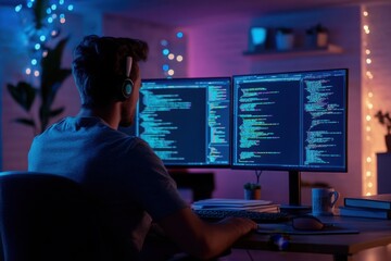 Software developer coding on dual monitors at night