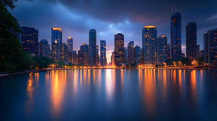 A panoramic view of the Chicago skyline at sunset, with the city's skyscrapers reflected in the calm waters of Lake Michigan.