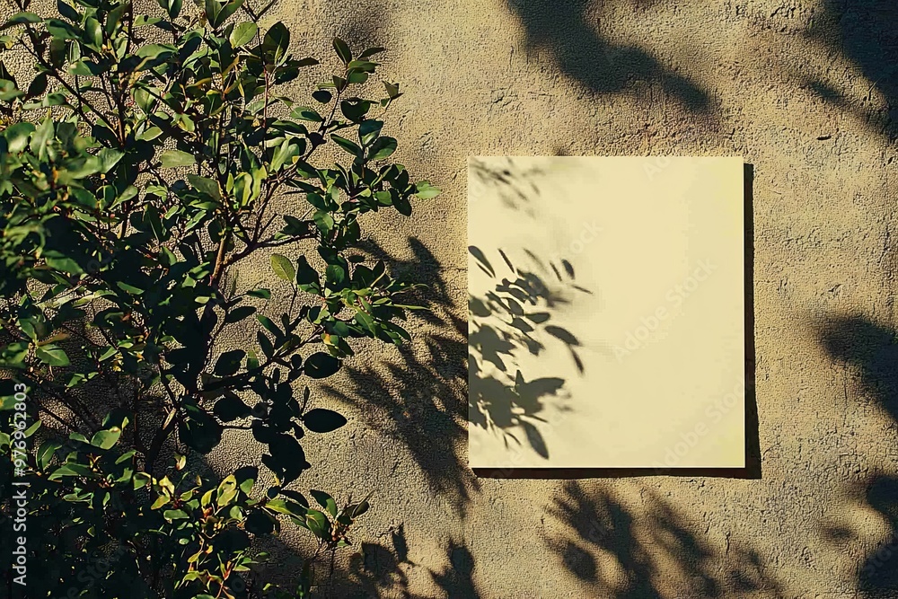 Poster mockup of an empty white vertical rectangle poster placed on a light grey concrete wall with soft sh